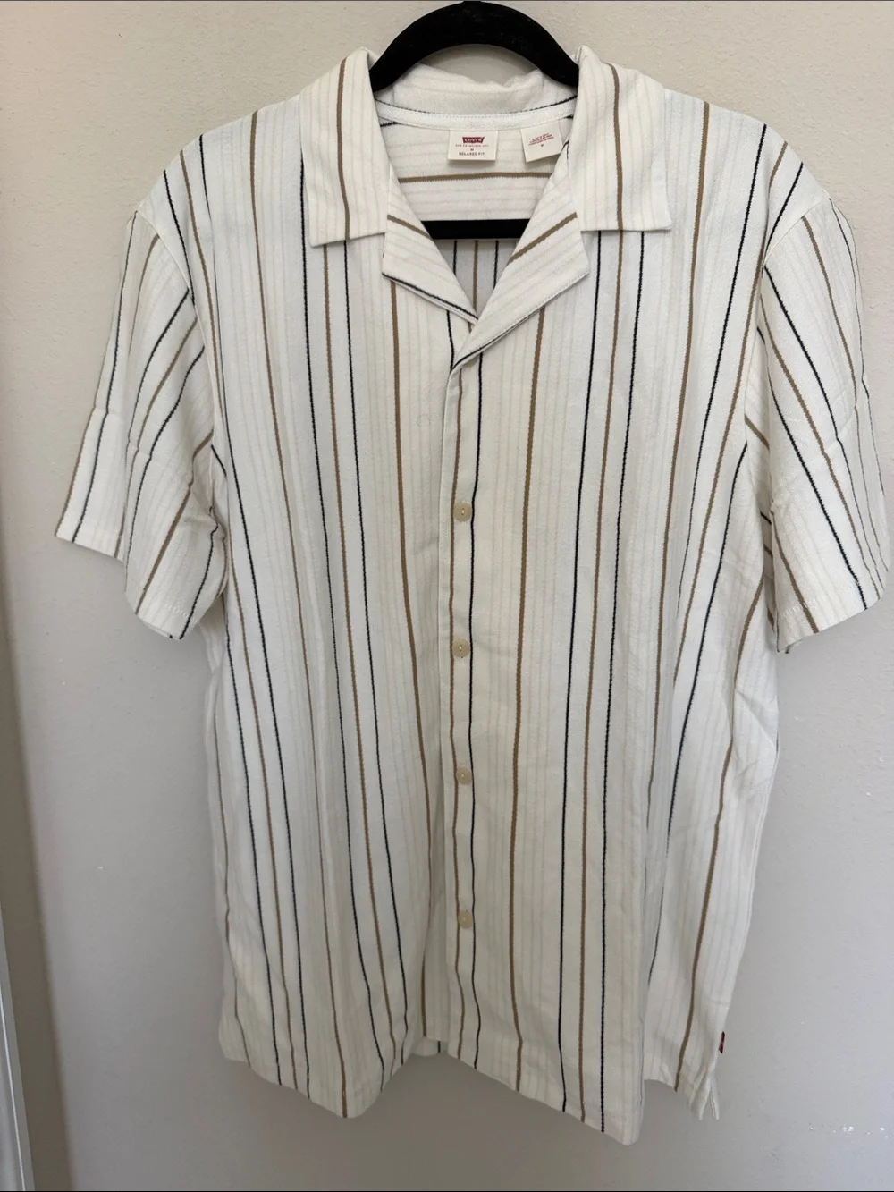 Levi's Cream Short-Sleeve Button-Down Shirt with Tan & Black Stripes